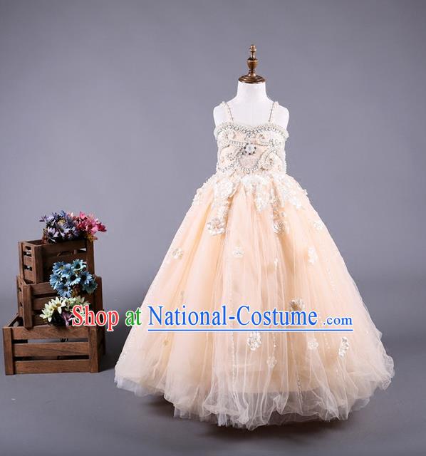 Top Grade Compere Professional Performance Catwalks Costume, Children Chorus Champagne Wedding Veil Full Dress Modern Dance Baby Princess Modern Fancywork Long Dress for Girls Kids