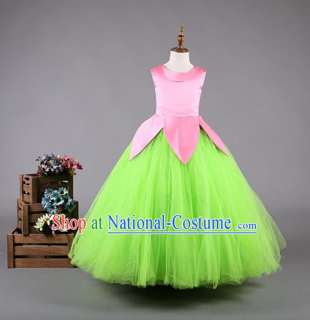 Top Grade Compere Professional Performance Catwalks Costume, Children Chorus Green Wedding Veil Full Dress Modern Dance Baby Princess Modern Fancywork Long Dress for Girls Kids