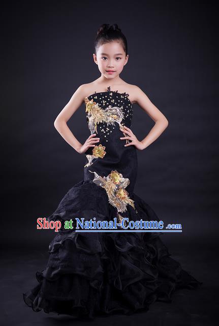 Top Grade Compere Professional Performance Catwalks Costume, Children Chorus Customize Black Cheongsam Fishtail Full Dress Modern Dance Baby Princess Modern Fancywork Ball Gown Long Mermaid Dress for Girls Kids