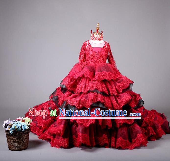 Top Grade Compere Professional Performance Catwalks Costume, Children Chorus Customize Red Bubble Full Dress Modern Dance Baby Princess Modern Fancywork Ball Gown Layered Dress for Girls Kids