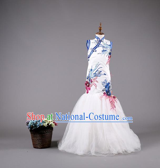 Top Grade Compere Professional Performance Catwalks Costume, Children Chorus Customize Fishtail Cheongsam Full Dress Modern Dance Baby Princess Modern Fancywork Mermaid Dress for Girls Kids