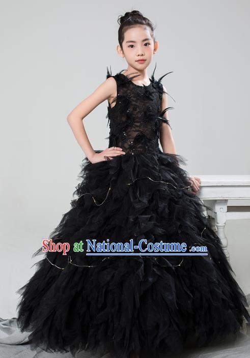 Top Grade Compere Professional Performance Catwalks Costume, Children Chorus Customize Black Feathers Bubble Full Dress Modern Dance Baby Princess Modern Fancywork Long Dress for Girls Kids