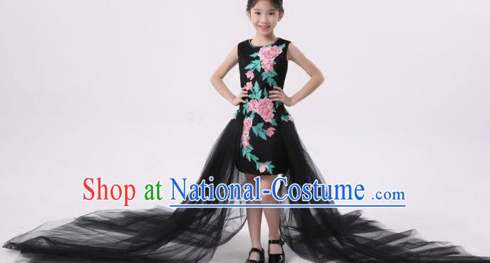 Top Grade Compere Professional Performance Catwalks Costume, Children Chorus Customize Black Full Dress Modern Dance Baby Princess Modern Fancywork Long Trailing Dress for Girls Kids