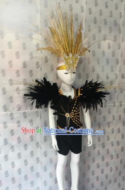 Top Grade Compere Professional Performance Catwalks Costume, Children Chorus Black Feather Clothing Modern Dance Modern Fancywork Clothing for Boys Kids