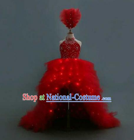 Top Grade Compere Professional Performance Catwalks Costume, Children Chorus Handmade Customize Red Long Trailing Flowers Full Dress Modern Dance Baby Princess Modern Fancywork Ball Gown Dress for Girls Kids