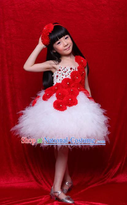 Top Grade Compere Professional Performance Catwalks Costume, Children Chorus Handmade Customize White Veil Bubble Full Dress Modern Dance Baby Princess Modern Fancywork Ball Gown Dress for Girls Kids