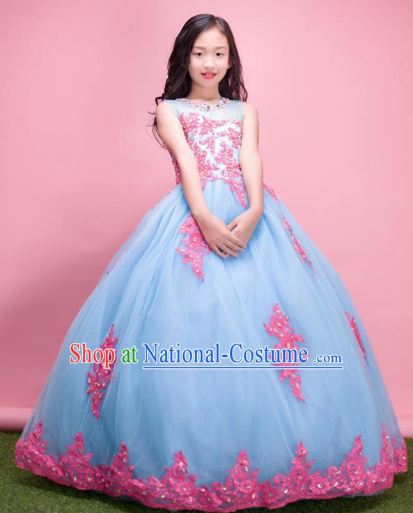 Top Grade Compere Professional Performance Catwalks Costume, Children Chorus Handmade Customize Blue Veil Bubble Full Dress Modern Dance Baby Princess Modern Fancywork Ball Gown Long Dress for Girls Kids