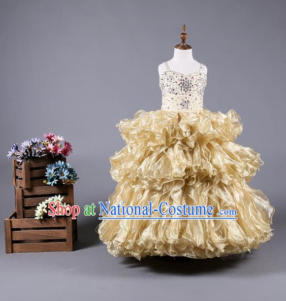 Top Grade Compere Professional Performance Catwalks Costume, Children Chorus Handmade Customize Flowers Full Dress Modern Dance Baby Princess Modern Fancywork Ball Gown Dress for Girls Kids