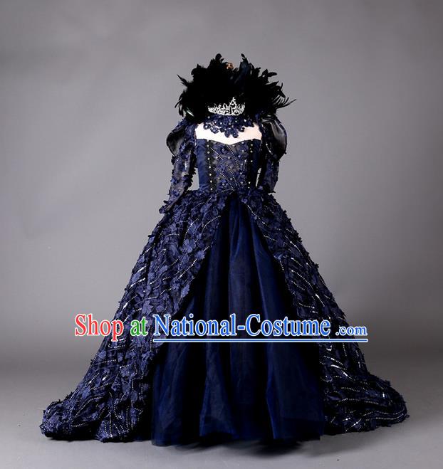 Top Grade Compere Professional Performance Catwalks Costume, Children Chorus Handmade Customize Blue Full Dress Modern Dance Baby Queen Modern Fancywork Ball Gown Long Trailing Dress for Girls Kids