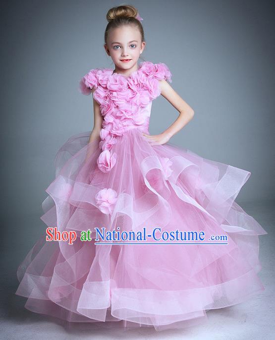 Top Grade Compere Professional Performance Catwalks Costume, Children Chorus Handmade Customize Pink Flowers Bubble Full Dress Modern Dance Baby Princess Modern Fancywork Ball Gown Long Trailing Dress for Girls Kids