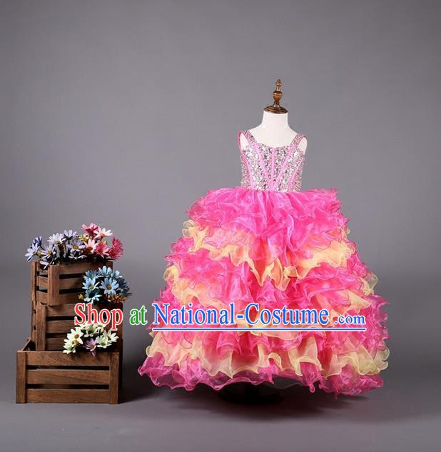 Top Grade Compere Professional Performance Catwalks Costume, Children Chorus Handmade Customize Pink Bubble Full Dress Modern Dance Baby Princess Modern Fancywork Ball Gown Long Dress for Girls Kids