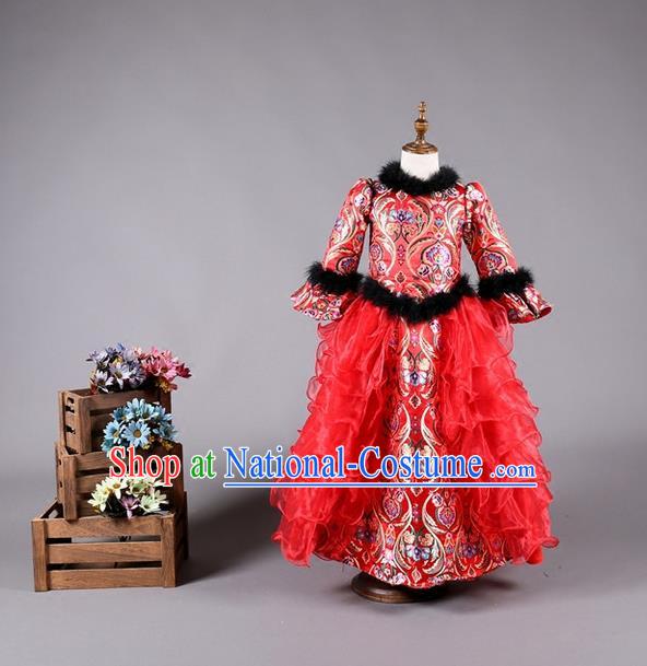 Top Grade Compere Professional Performance Catwalks Costume, China Tang Suit Red Cheongsam Children Chorus Formal Dress Modern Dance Baby Princess Modern Fancywork Long Trailing Dress for Girls Kids