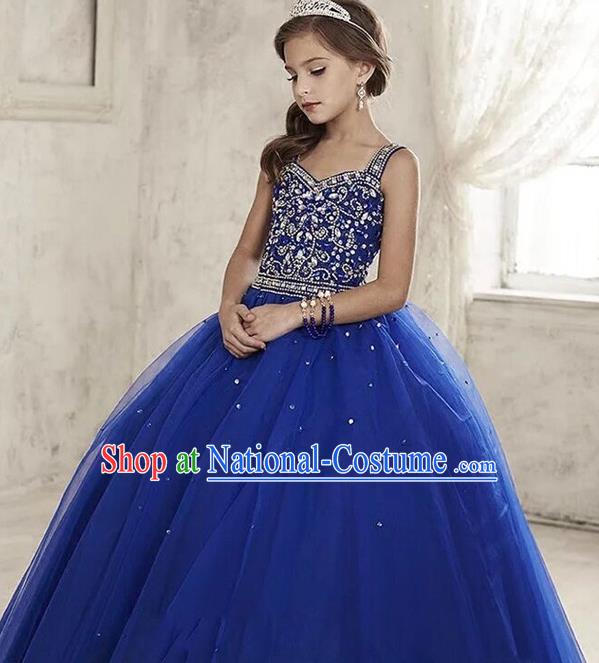 Top Grade Compere Professional Performance Catwalks Costume, Children Chorus Handmade Customize Blue Veil Crystal Bubble Full Dress Modern Dance Baby Princess Modern Fancywork Ball Gown Long Dress for Girls Kids