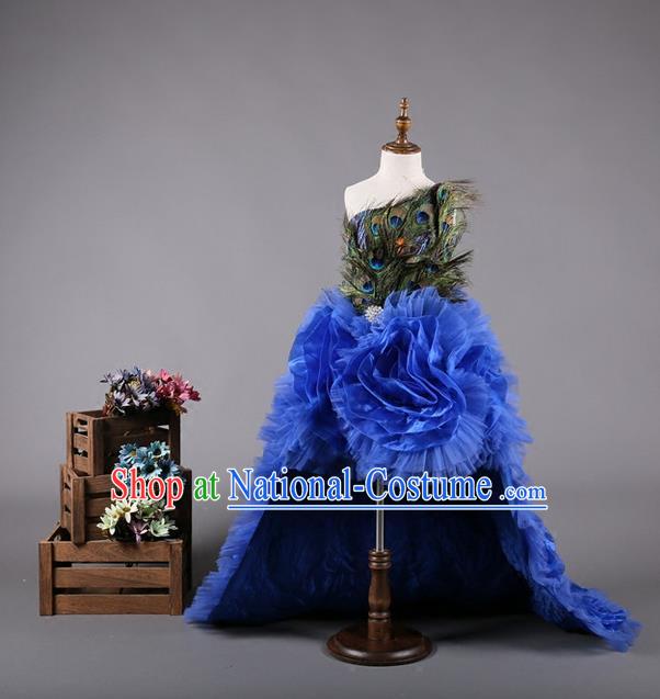 Top Grade Compere Professional Performance Catwalks Costume, Children Chorus Handmade Customize Peacock Feather Full Dress Modern Dance Baby Princess Modern Fancywork Ball Gown Long Trailing Dress for Girls Kids