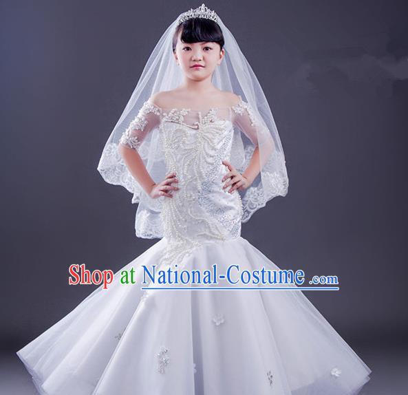 Top Grade Compere Professional Performance Catwalks Costume, Children Chorus White Fishtail Wedding Full Dress Modern Dance Baby Princess Modern Fancywork Ball Gown Long Mermaid Dress for Girls Kids