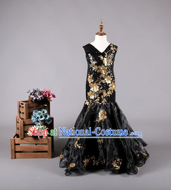 Top Grade Compere Professional Performance Catwalks Costume, Children Chorus Customize Black Fishtail Formal Dress Modern Dance Baby Princess Modern Fancywork Ball Gown Long Mermaid Dress for Girls Kids