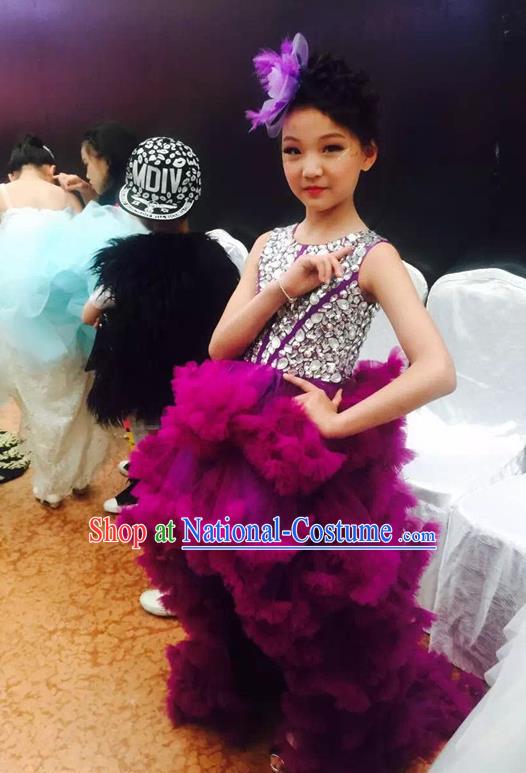 Top Grade Compere Professional Performance Catwalks Costume, Children Chorus Customize Purple Bubble Formal Dress Modern Dance Baby Princess Modern Fancywork Ball Gown Long Trailing Dress for Girls Kids