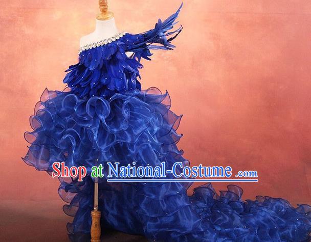 Top Grade Compere Professional Performance Catwalks Costume, Children Chorus Customize Blue Bubble Full Dress Modern Dance Baby Princess Modern Fancywork Ball Gown Long Trailing Dress for Girls Kids