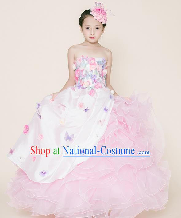 Top Grade Compere Professional Performance Catwalks Costume, Children Chorus Customize Pink Bubble Full Dress Modern Dance Baby Princess Modern Fancywork Ball Gown Long Dress for Girls Kids