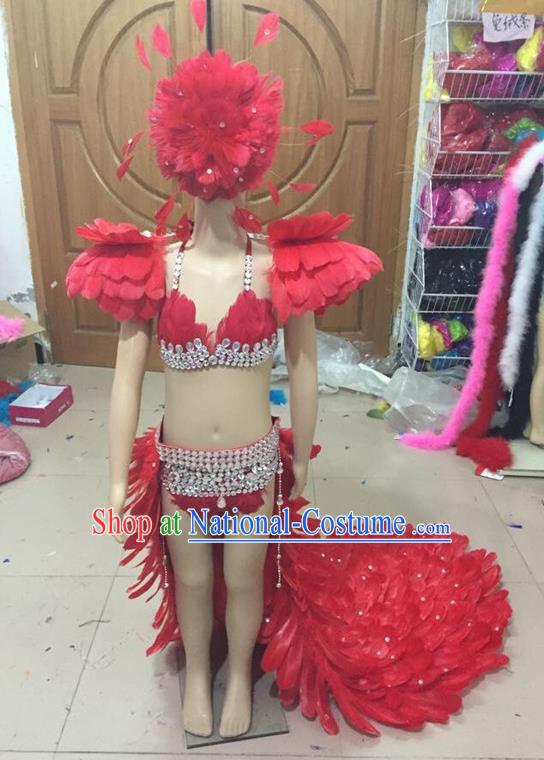 Top Grade Compere Professional Performance Catwalks Swimsuit Costume, Children Chorus Customize Red Full Dress Modern Dance Baby Princess Modern Fancywork Long Trailing Clothing for Girls Kids