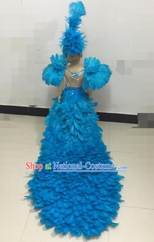 Top Grade Compere Professional Performance Catwalks Swimsuit Costume, Children Chorus Customize Blue Feather Full Dress Modern Dance Baby Princess Modern Fancywork Long Trailing Clothing for Girls Kids