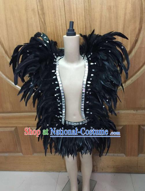 Top Grade Compere Professional Performance Catwalks Swimsuit Costume, Children Chorus Black Feather Formal Dress Modern Dance Model Fancywork Clothing for Boys Kids