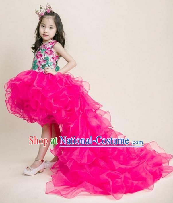 Top Grade Compere Professional Performance Catwalks Costume, Children Chorus Pink Veil Formal Dress Modern Dance Baby Princess Modern Fancywork Long Trailing Dress for Girls Kids