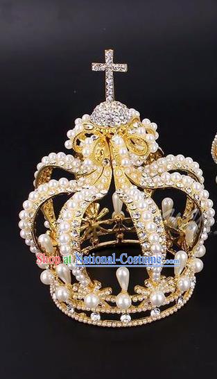 Top Grade Handmade Classical Hair Accessories, Children Baroque Style Wedding Golden Pearl Royal Crown Hair Jewellery Hair Clasp for Kids Girls