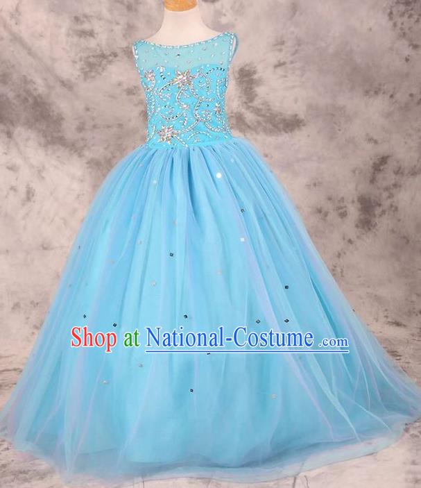 Top Grade Compere Professional Performance Catwalks Costume, Children Chorus Blue Bubble Wedding Full Dress Modern Dance Baby Princess Modern Fancywork Dress for Girls Kids