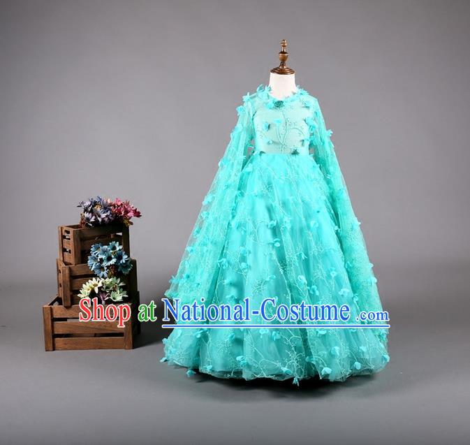 Top Grade Compere Professional Performance Catwalks Costume, Children Chorus Blue Bubble Batwing Sleeve Full Dress Modern Dance Baby Princess Modern Fancywork Dress for Girls Kids