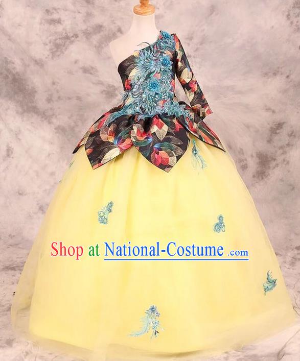 Top Grade Compere Professional Performance Catwalks Costume, Children Chorus Yellow Bubble Wedding Full Dress Modern Dance Baby Princess Modern Fancywork Dress for Girls Kids