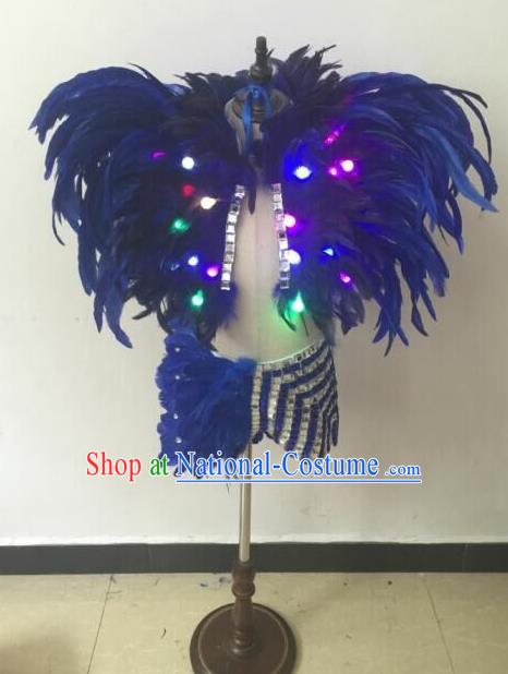 Top Grade Compere Professional Performance Catwalks Swimsuit Costume, Children Chorus Blue Feather Formal Dress Modern Dance Modern Fancywork Led Clothing for Boys Kids