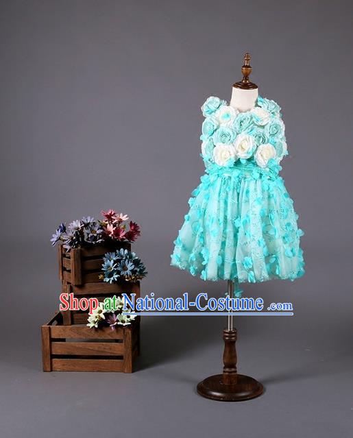 Top Grade Compere Professional Performance Catwalks Costume, Children Chorus Customize Blue Flowers Bubble Full Dress Modern Dance Baby Princess Modern Fancywork Short Dress for Girls Kids