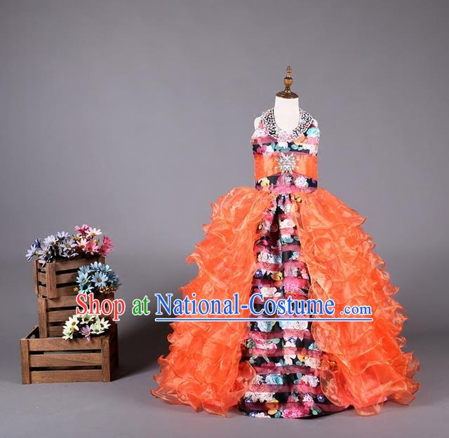 Top Grade Compere Professional Performance Catwalks Costume, Children Chorus Customize Red Flowers Bubble Full Dress Modern Dance Baby Princess Modern Fancywork Long Ball Gown Dress for Girls Kids