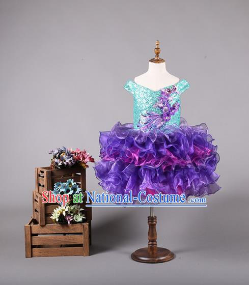 Top Grade Compere Professional Performance Catwalks Costume, Children Chorus Customize Purple Bubble Veil Full Dress Modern Dance Baby Princess Modern Fancywork Short Ball Gown Dress for Girls Kids