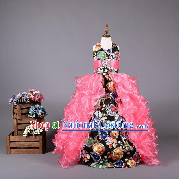 Top Grade Compere Professional Performance Catwalks Costume, Children Chorus Customize Pink Bubble Veil Full Dress Modern Dance Baby Princess Modern Fancywork Long Ball Gown Dress for Girls Kids