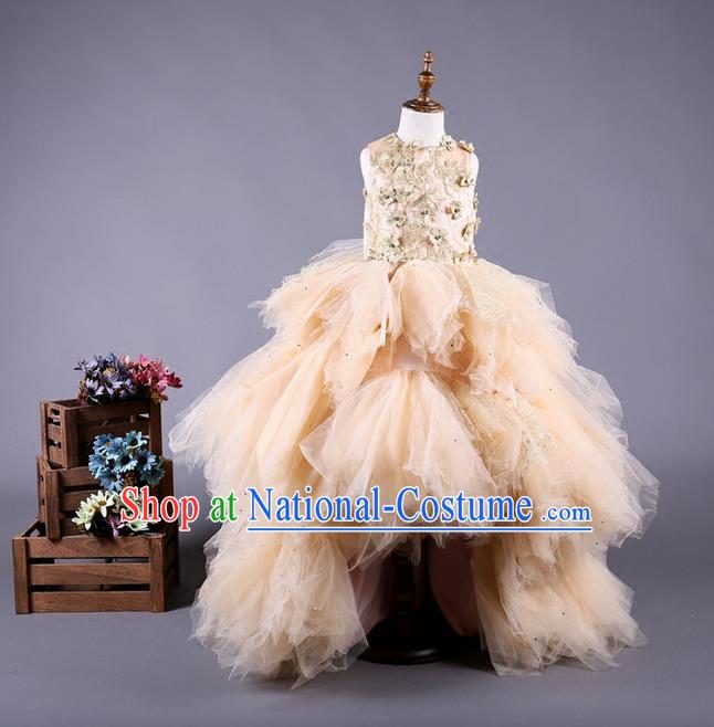 Top Grade Compere Professional Performance Catwalks Costume, Children Chorus Customize Champagne Bubble Veil Diamante Full Dress Modern Dance Baby Princess Modern Fancywork Long Trailing Ball Gown Dress for Girls Kids