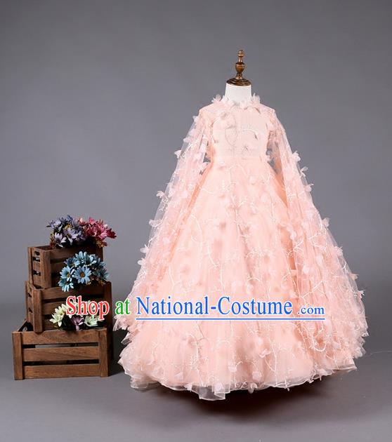 Top Grade Compere Professional Performance Catwalks Costume, Children Chorus Pink Bubble Batwing Sleeve Full Dress Modern Dance Baby Princess Modern Fancywork Dress for Girls Kids