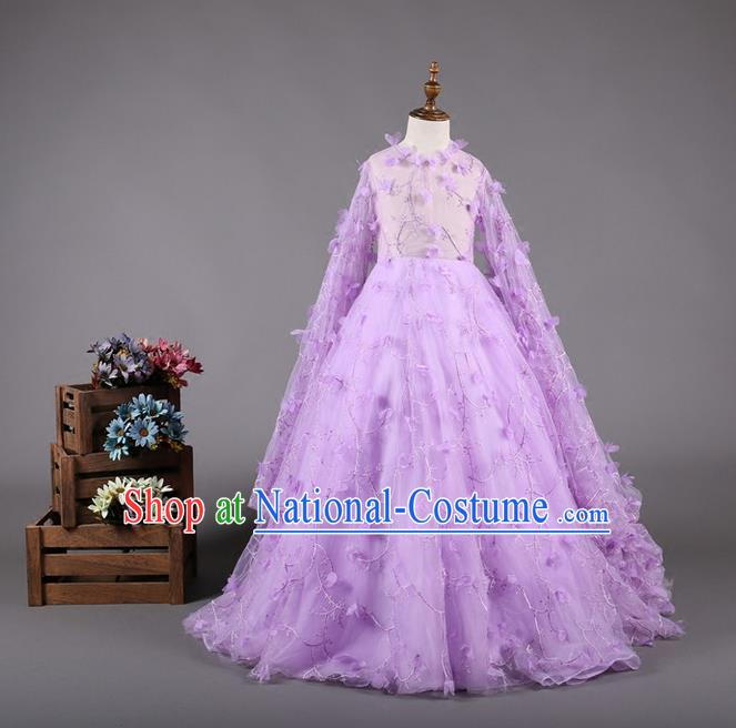 Top Grade Compere Professional Performance Catwalks Costume, Children Chorus Purple Bubble Batwing Sleeve Full Dress Modern Dance Baby Princess Modern Fancywork Dress for Girls Kids