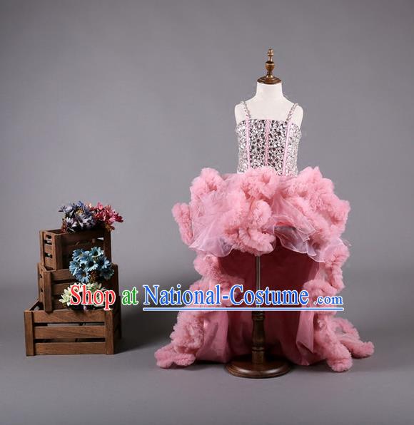 Top Grade Compere Professional Performance Catwalks Costume, Children Chorus Customize Pink Bubble Full Dress Modern Dance Baby Princess Modern Fancywork Long Trailing Dress for Girls Kids