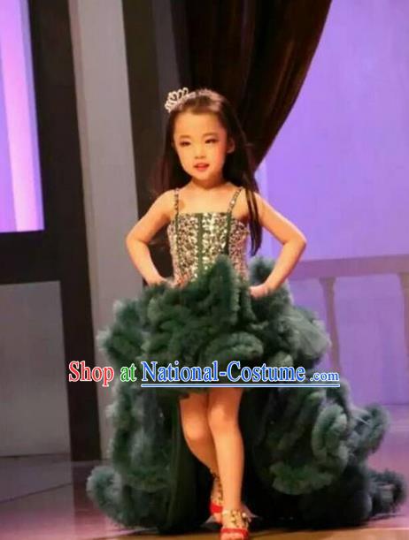 Top Grade Compere Professional Performance Catwalks Costume, Children Chorus Customize Green Bubble Full Dress Modern Dance Baby Princess Modern Fancywork Long Trailing Dress for Girls Kids