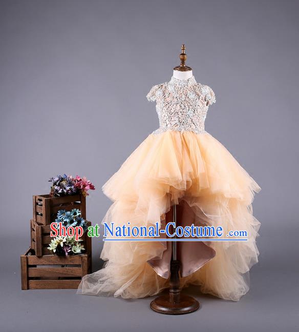 Top Grade Compere Professional Performance Catwalks Costume, Children Chorus Customize Champagne Wedding Bubble Full Dress Modern Dance Baby Princess Modern Fancywork Long Trailing Dress for Girls Kids