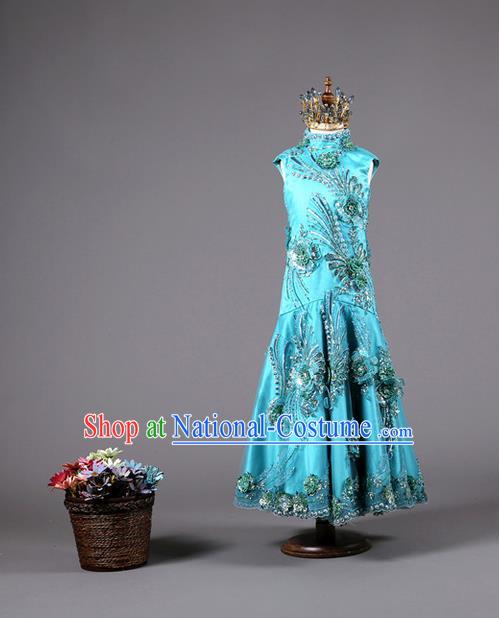 Top Grade Compere Professional Performance Catwalks Costume, China Tang Suit Blue Cheongsam Children Chorus Fishtail Full Dress Modern Dance Baby Princess Modern Fancywork Long Dress for Girls Kids