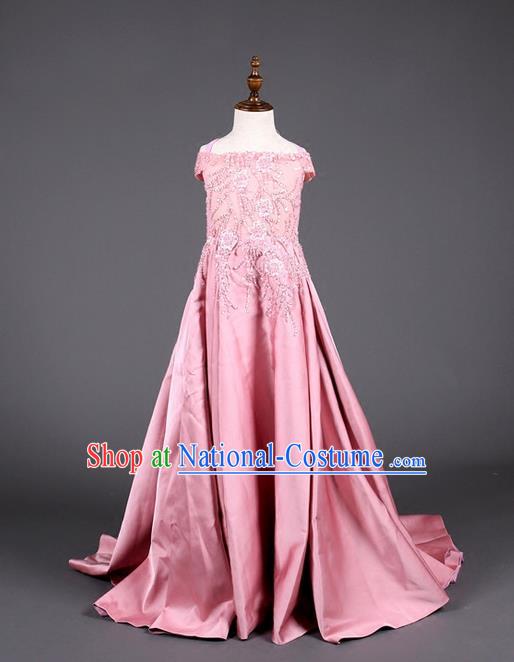 Top Grade Compere Professional Performance Catwalks Costume, Children Chorus Pink Full Dress Modern Dance Baby Princess Modern Fancywork Long Dress for Girls Kids