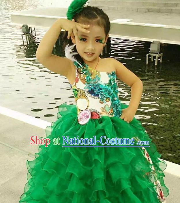 Top Grade Compere Professional Performance Catwalks Costume, Children Chorus Green Bubble Full Dress Modern Dance Baby Princess Modern Fancywork Short Dress for Girls Kids