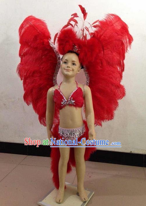 Top Grade Compere Professional Performance Catwalks Swimsuit Costume, Children Chorus Customize Red Feather Full Dress with Wings Modern Dance Baby Princess Modern Fancywork Long Trailing Clothing for Girls Kids