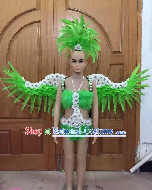 Top Grade Compere Professional Performance Catwalks Swimsuit Costume, Children Chorus Customize Green Bikini Full Dress With Wings Modern Dance Baby Princess Modern Fancywork Long Trailing Clothing for Girls Kids