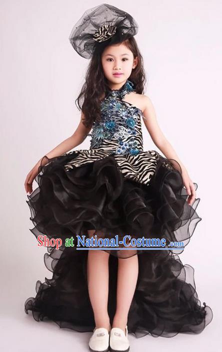 Top Grade Compere Professional Performance Catwalks Long Trailing Costume, Children Chorus Black Veil Full Dress Modern Dance Baby Princess Modern Fancywork Bubble Dress for Girls Kids