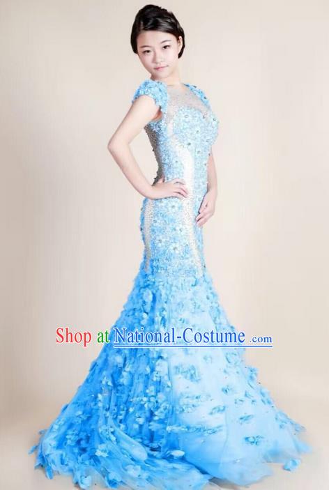 Top Grade Compere Professional Performance Catwalks Trailing Costume, Children Chorus Blue Fishtail Full Dress Modern Dance Baby Princess Modern Fancywork Mermaid Dress for Girls Kids