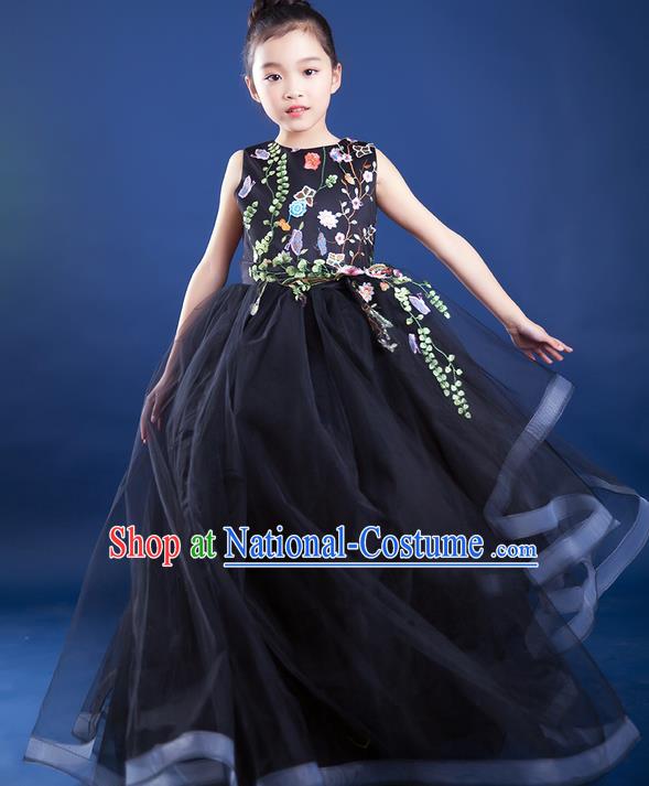 Top Grade Compere Professional Performance Catwalks Trailing Costume, Children Chorus Black Big Swing Veil Fishtail Full Dress Modern Dance Baby Princess Modern Fancywork Long Dress for Girls Kids